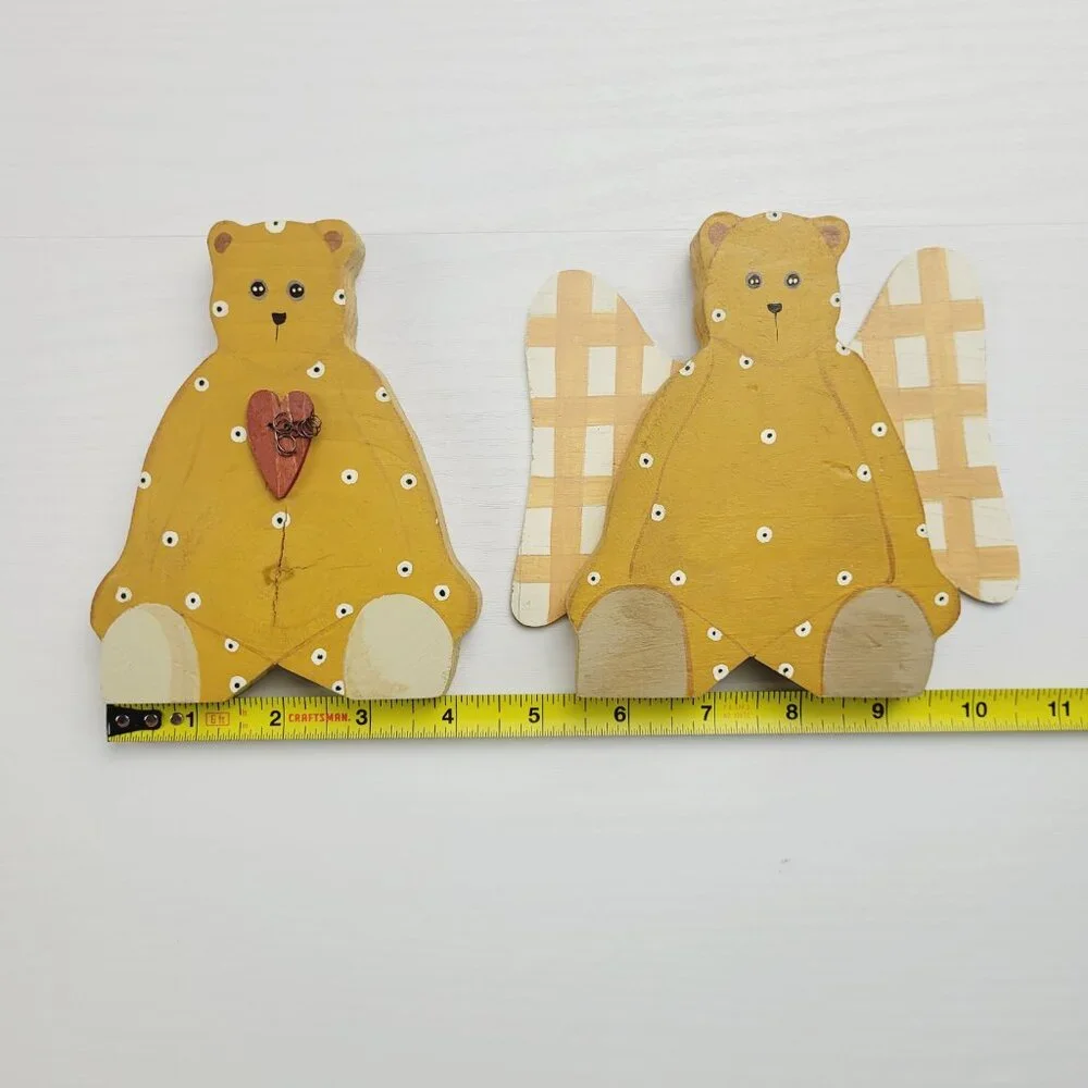 Two Vintage Handmade Folk Art Wooden Bears Angel Wings Heart Hand Painted polka.